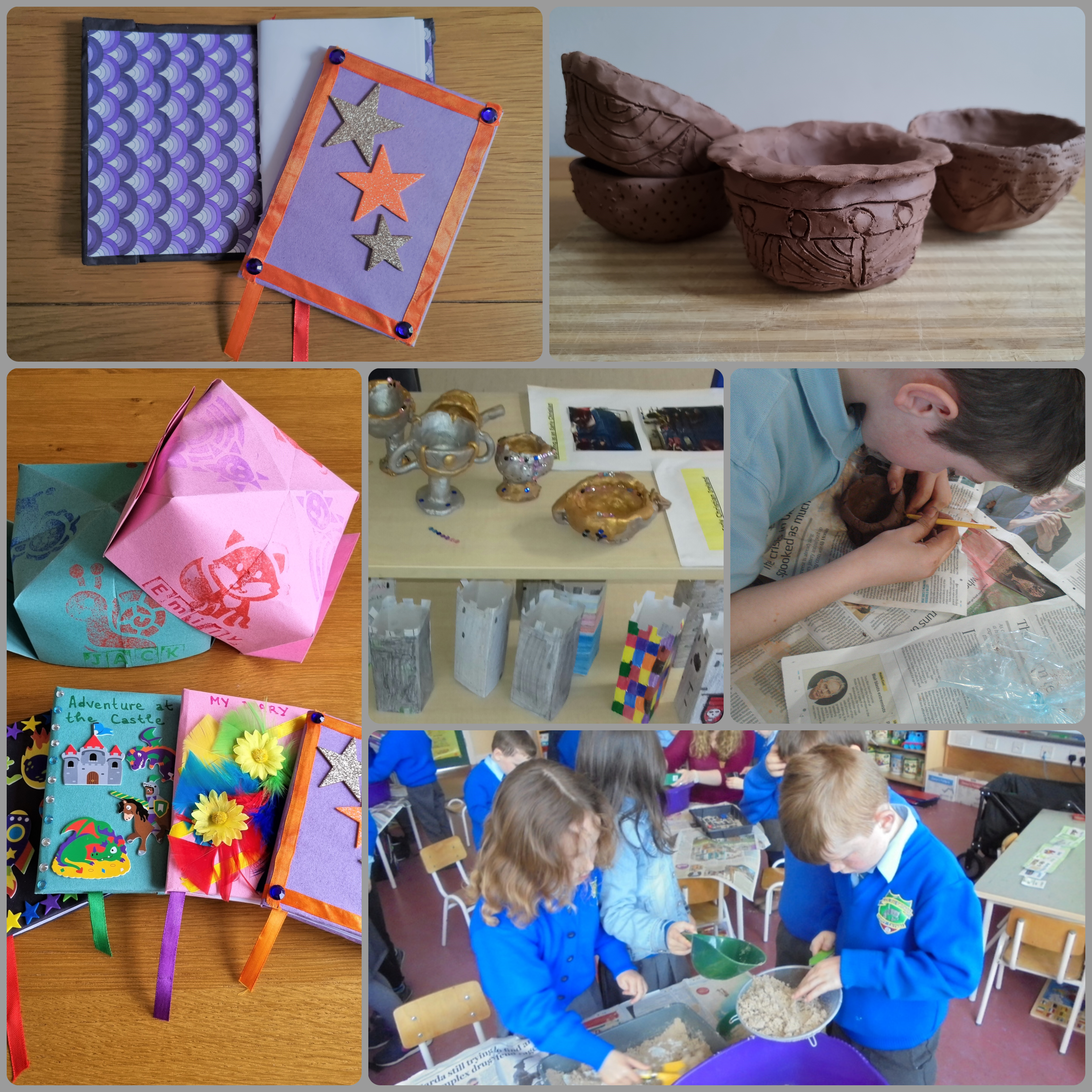A variety of children's history and heritage workshops and activities provided by Scéal Heritage Consultancy for museums and libraries. Book making, prehistoric pottery craft, archaeology crafts, and archaeological sandbox excavations.