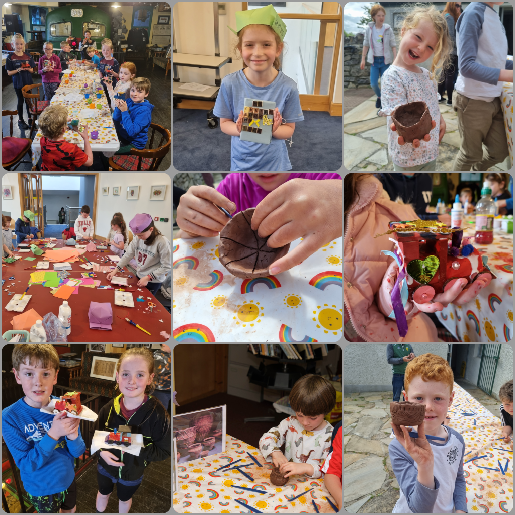 A variety of children's heritage workshops and activities provided by Scéal Heritage Consultancy. Bookmaking, prehistoric pottery craft, making toy trains.
